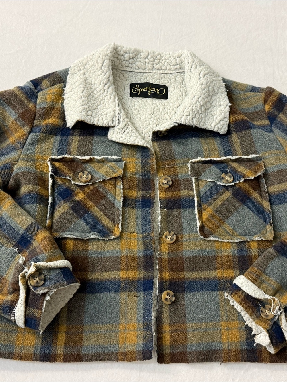 Spoon Jeans Plaid Sherpa Lined Shacket Button Front Cozy Earth Tone Cabin Core